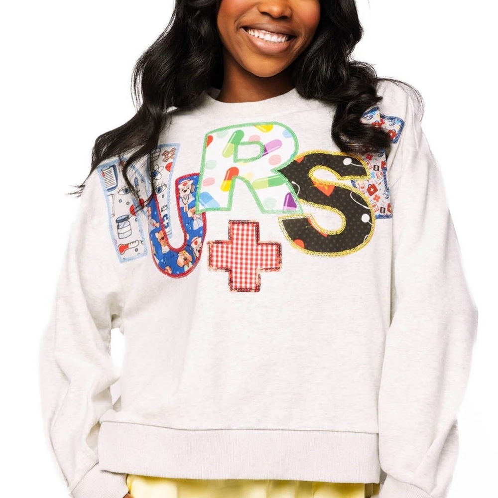 QUEEN OF SPARKLES Grey “NURSE” Multi Fabric Sweatshirt